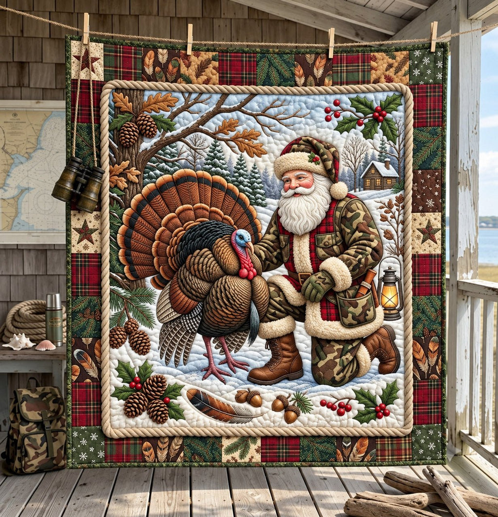 Santa Turkey Hunt Quilted Blanket printed blanket