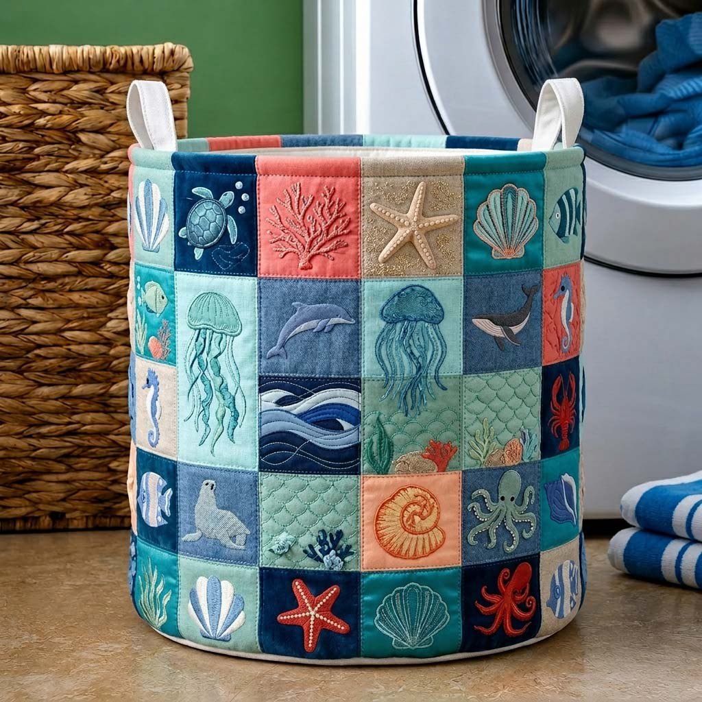 Seaside Patch Quilted Laundry Hamper printed laundry hamper