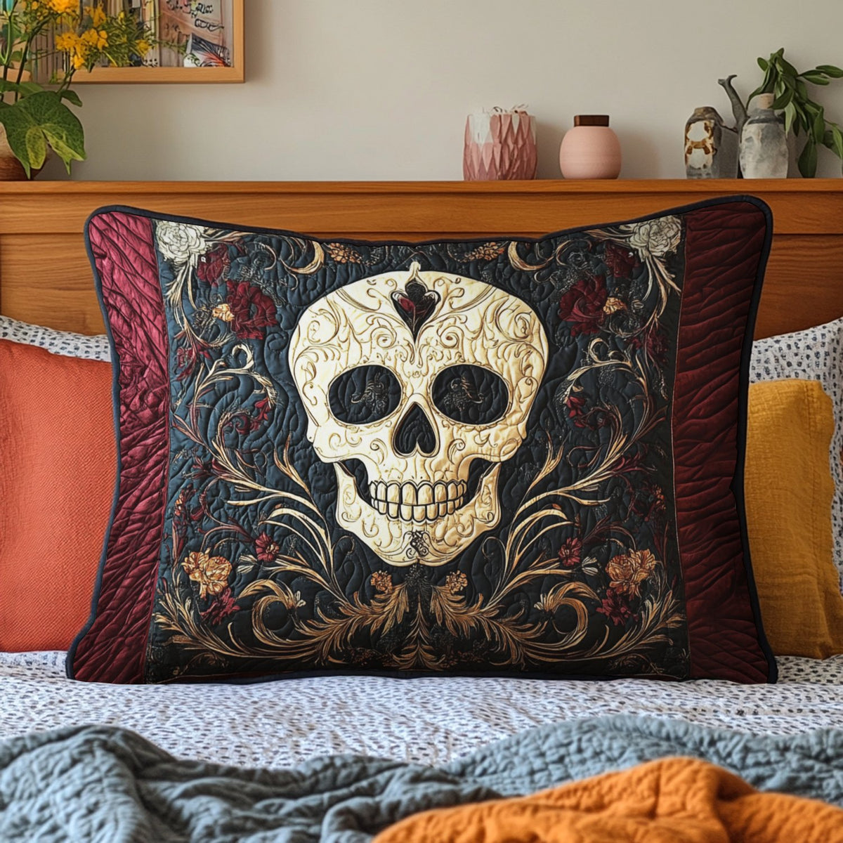 Shadowed Roses Skull Quilted Bedding Cushion Cover printed cushion cover