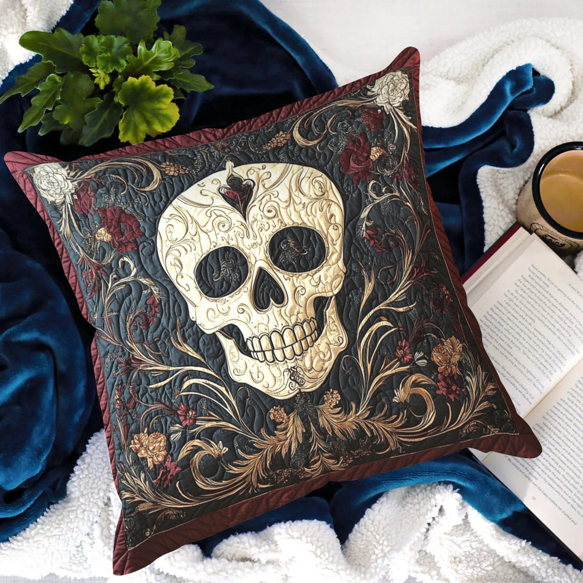 Shadowed Roses Skull Quilted Cushion Cover printed cushion cover