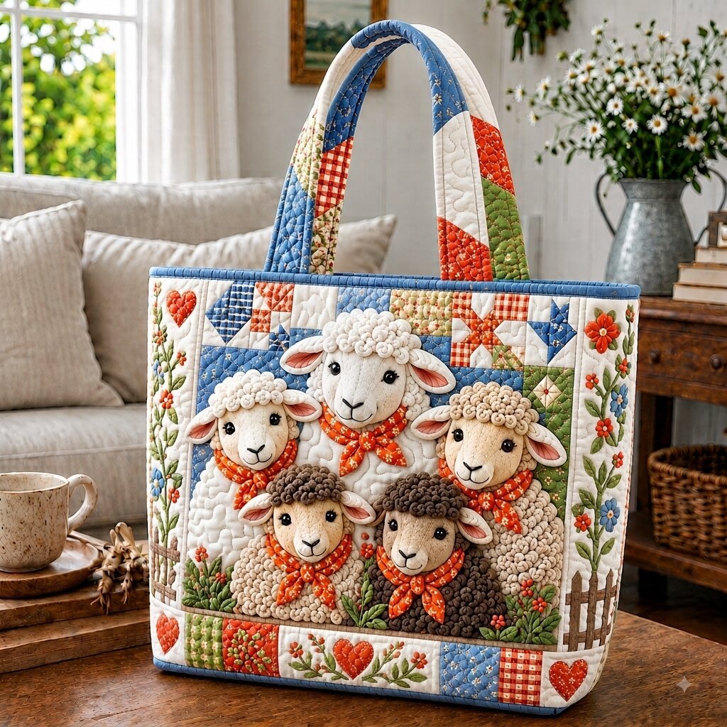 Sheep Farmhouse Quilted Tote Bag printed tote bag