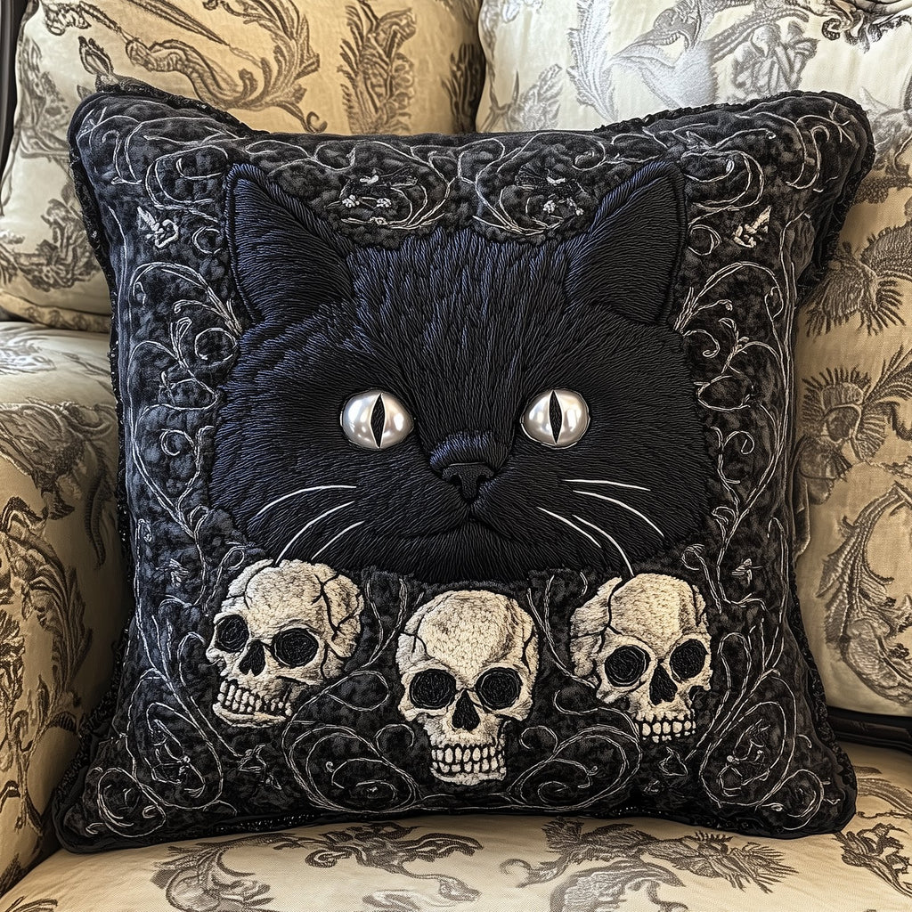 Skull And Black Cat Quilted Cushion Cover printed cushion cover