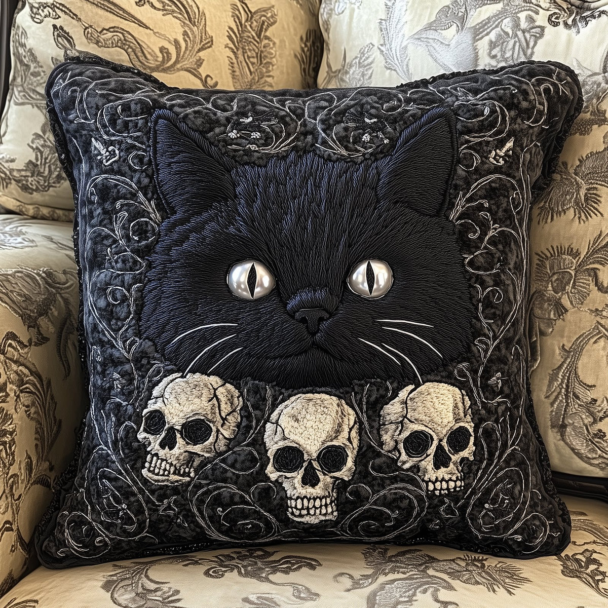 Skull And Black Cat Quilted Cushion Cover printed cushion cover