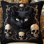 Skull And Black Cat Quilted Cushion Cover printed cushion cover