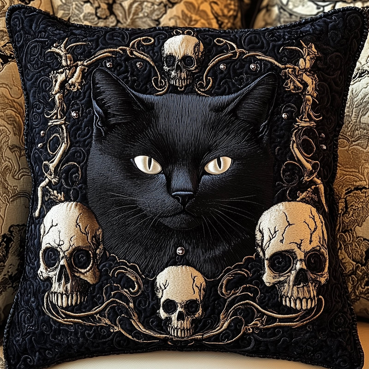 Skull And Black Cat Quilted Cushion Cover printed cushion cover