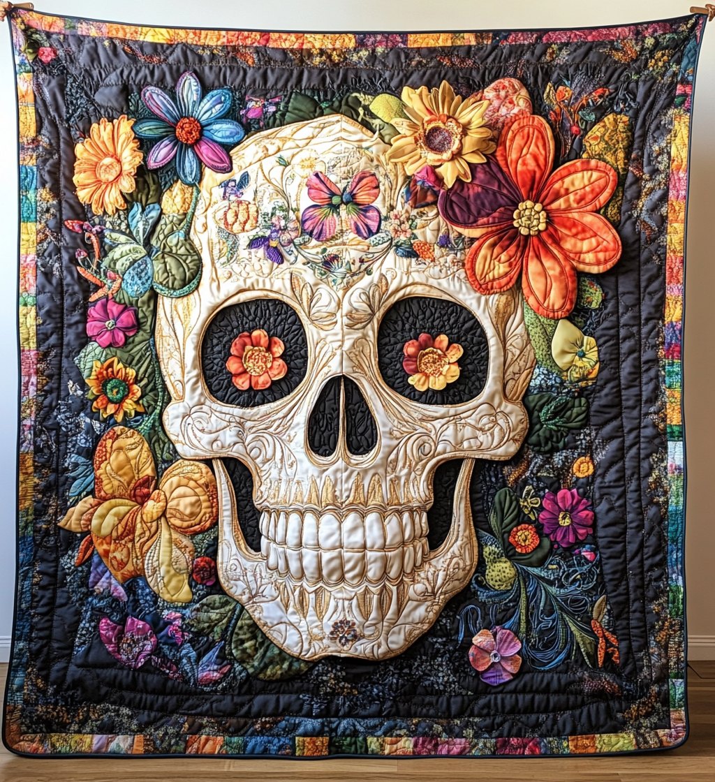 Skull And Blooms Quilted Blanket printed blanket