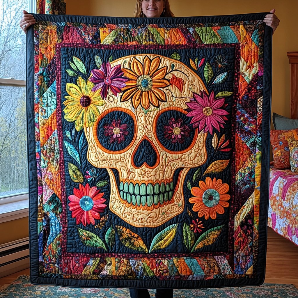 Skull And Blooms Quilted Blanket printed blanket