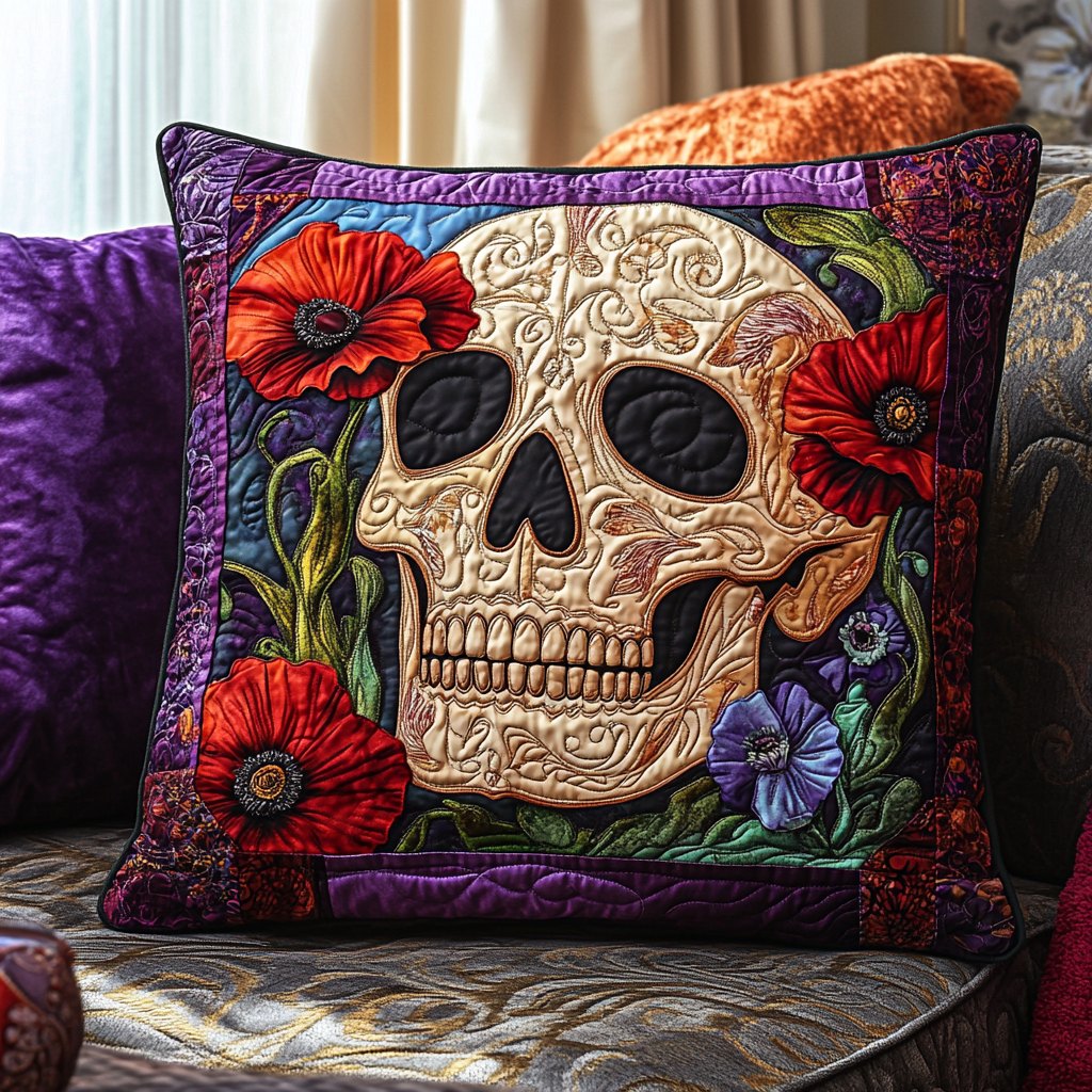 Skull And Blooms Quilted Cushion Cover printed cushion cover