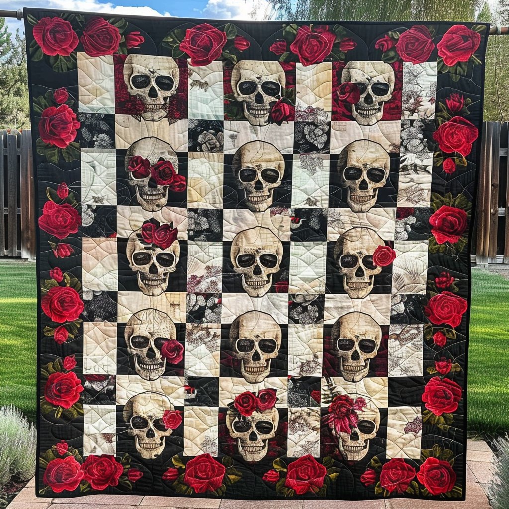 Skull and Rose Quilted Blanket printed blanket