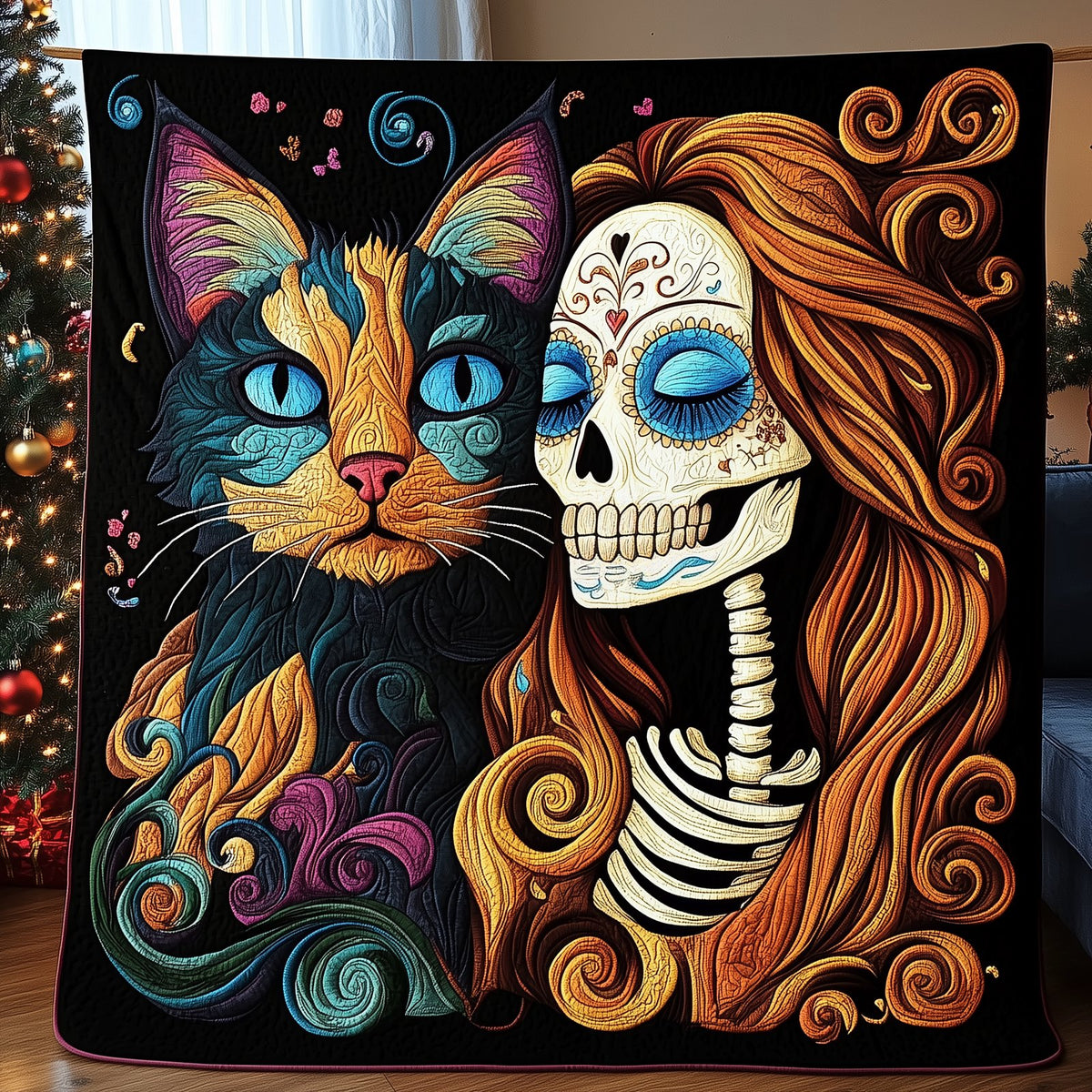 Skull Cat Mom Quilted Blanket printed blanket