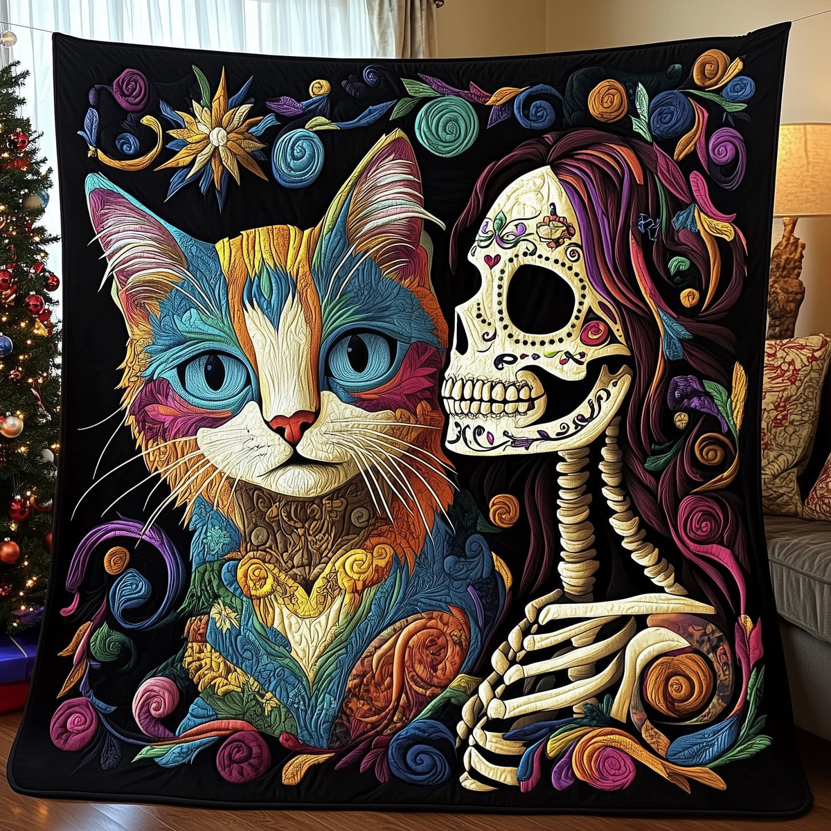 Skull Cat Mom Quilted Blanket printed blanket