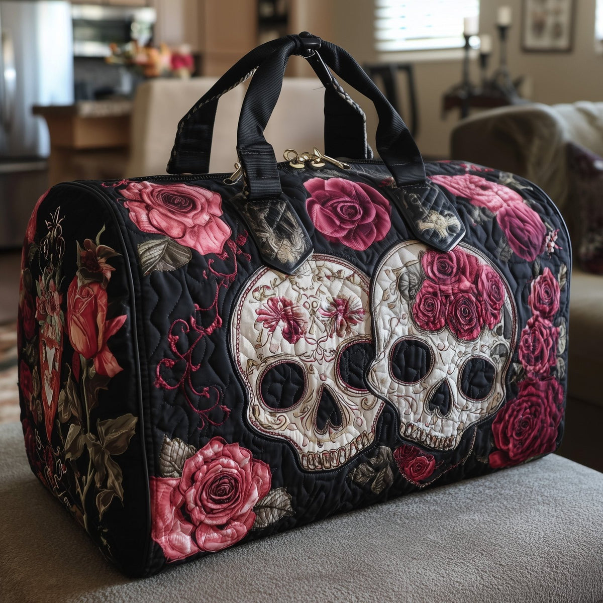 Skull Couple Quilted Duffle Bag printed duffle bag