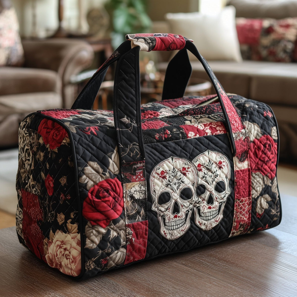 Skull Couple Quilted Duffle Bag printed duffle bag