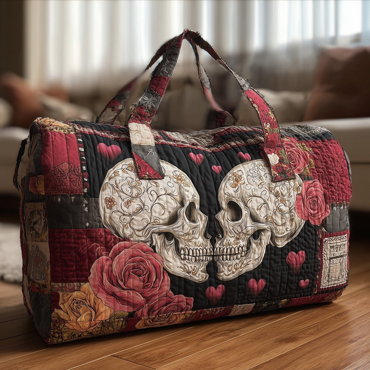 Skull Couple Quilted Duffle Bag printed duffle bag