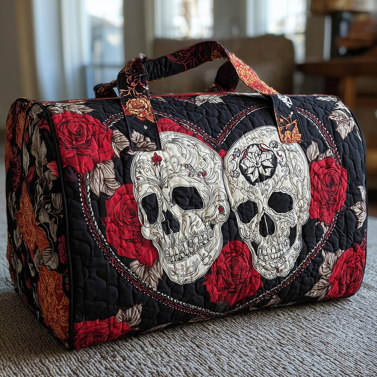 Skull Couple Quilted Duffle Bag printed duffle bag