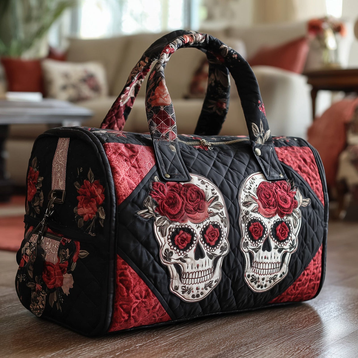 Skull Couple Quilted Duffle Bag printed duffle bag