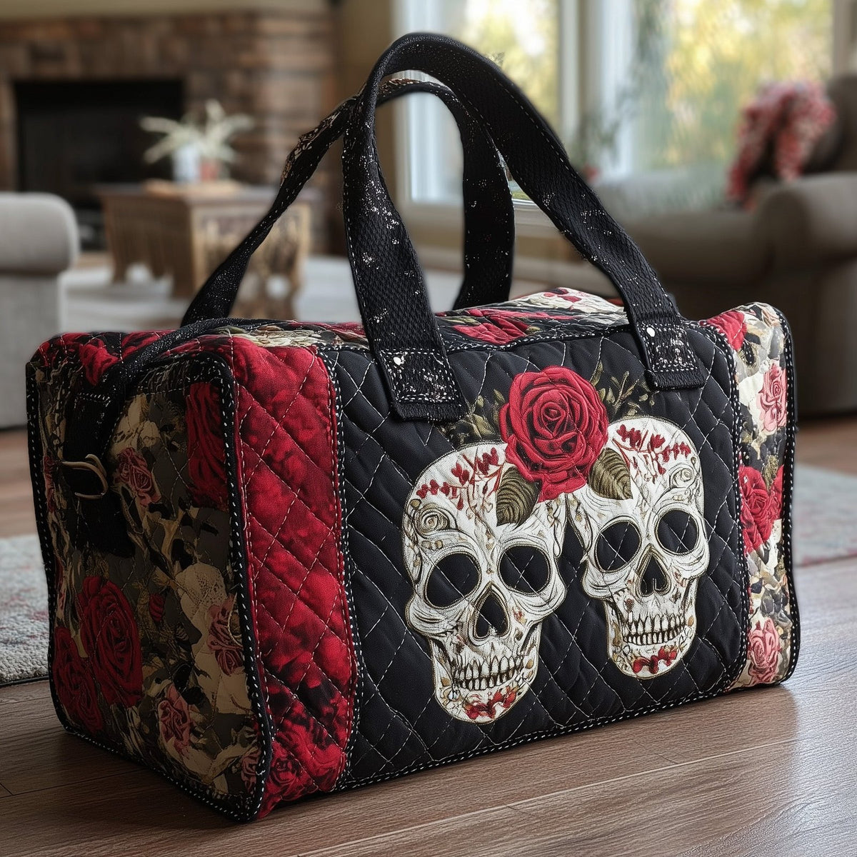 Skull Couple Quilted Duffle Bag printed duffle bag