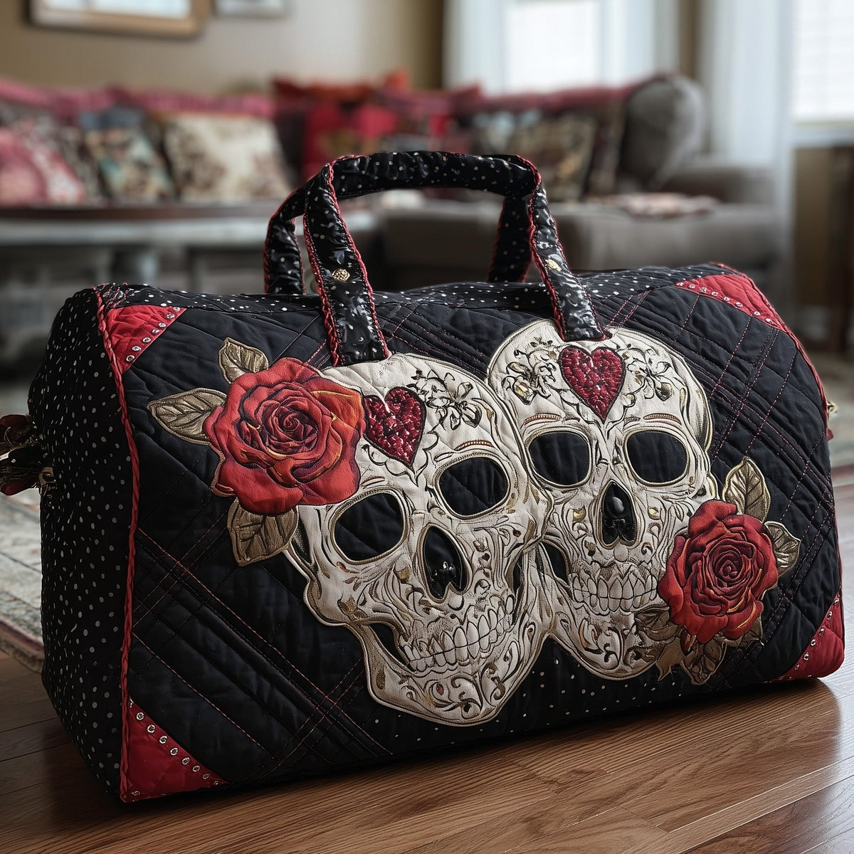 Skull Couple Quilted Duffle Bag printed duffle bag