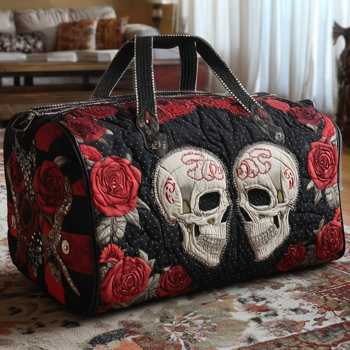 Skull Couple Quilted Duffle Bag printed duffle bag