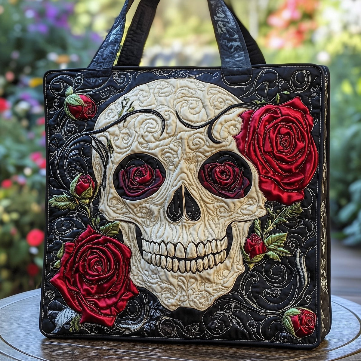 Skull Elegance Quilted Tote Bag printed tote bag