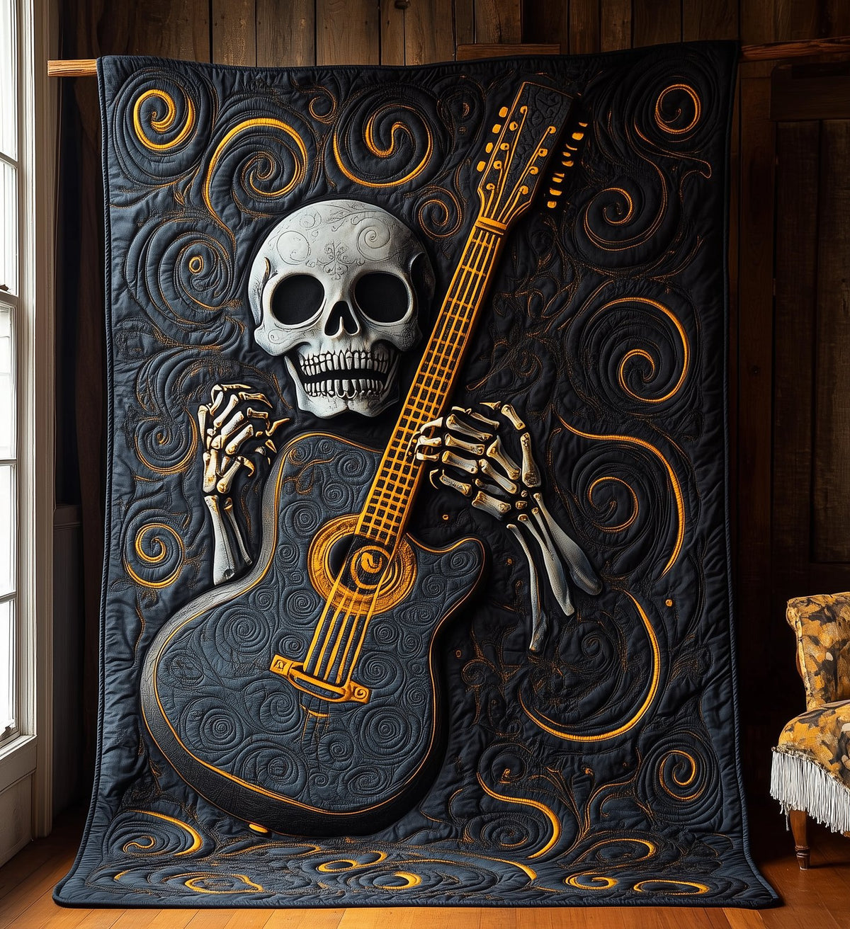 Skull Faced Guitar Quilted Blanket printed blanket