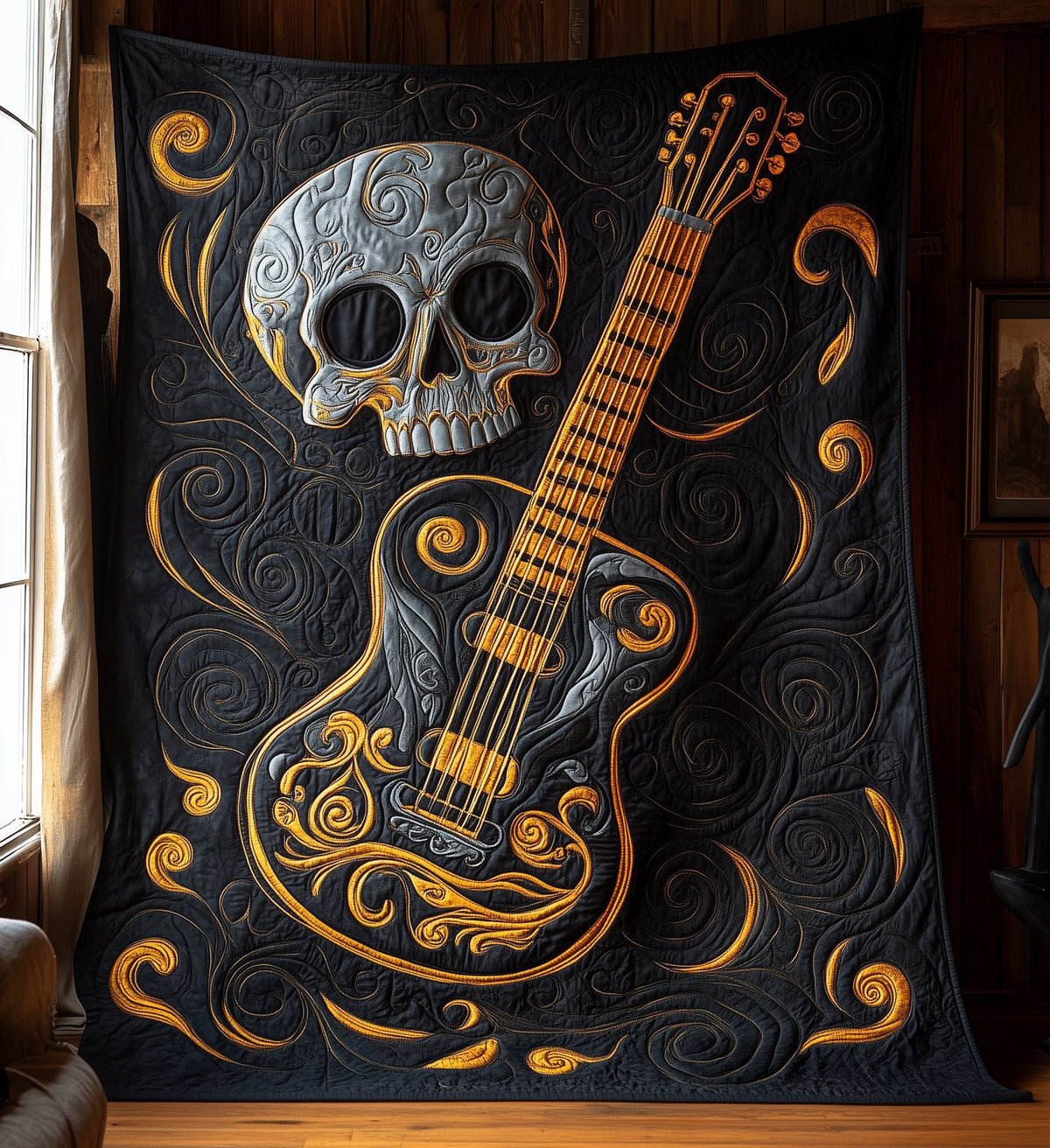 Skull Faced Guitar Quilted Blanket printed blanket