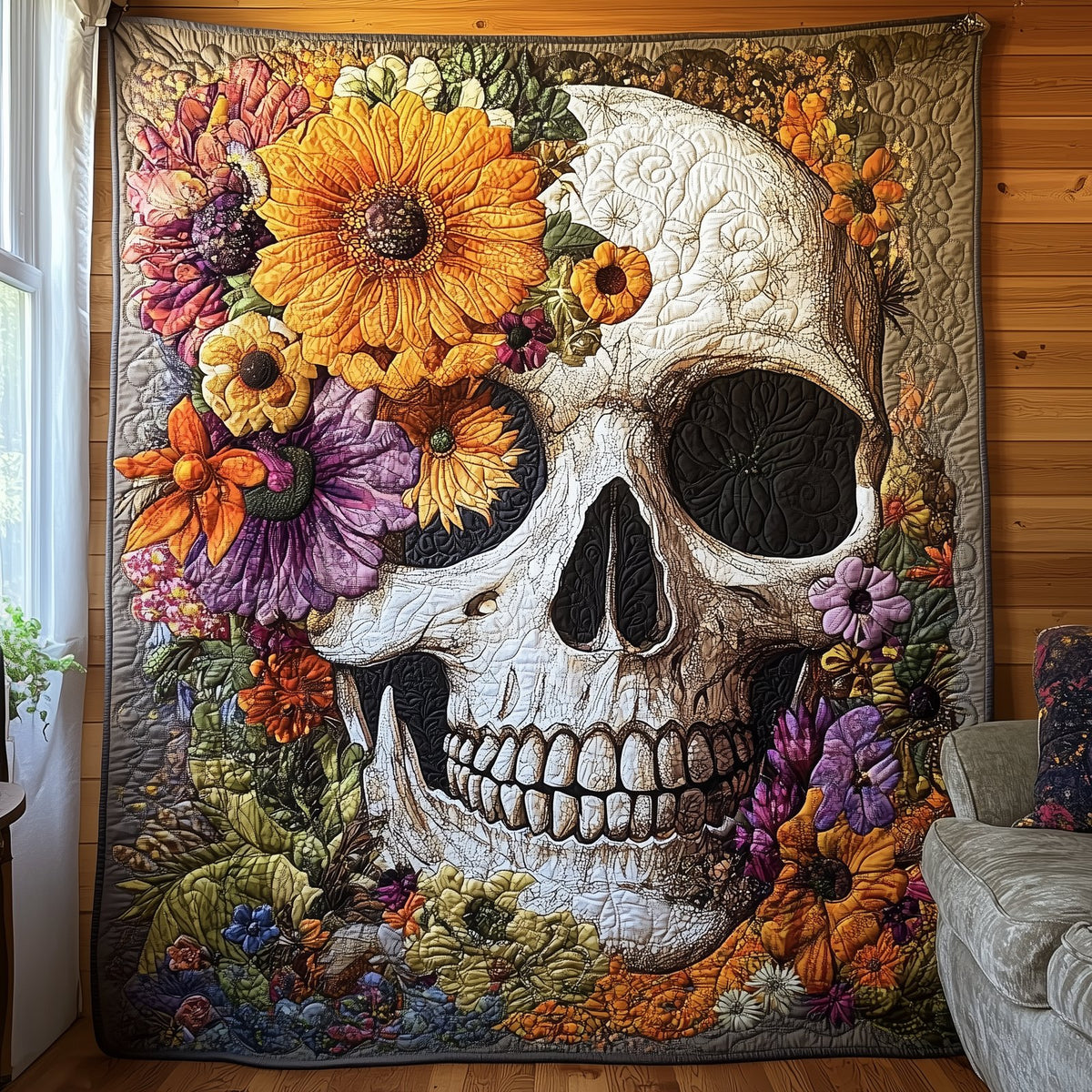Skull Floral Quilted Blanket printed blanket