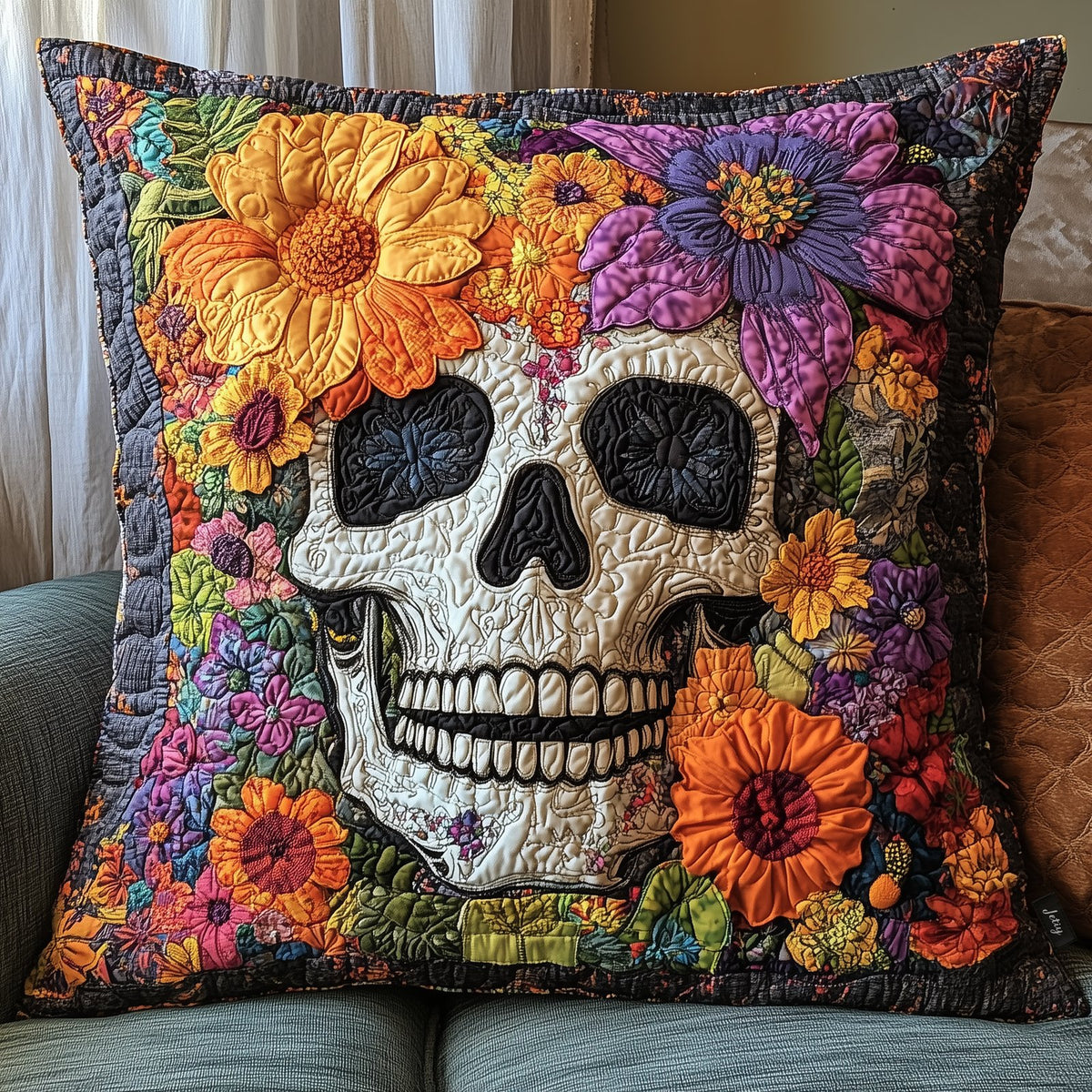 Skull Floral Quilted Cushion Cover printed cushion cover