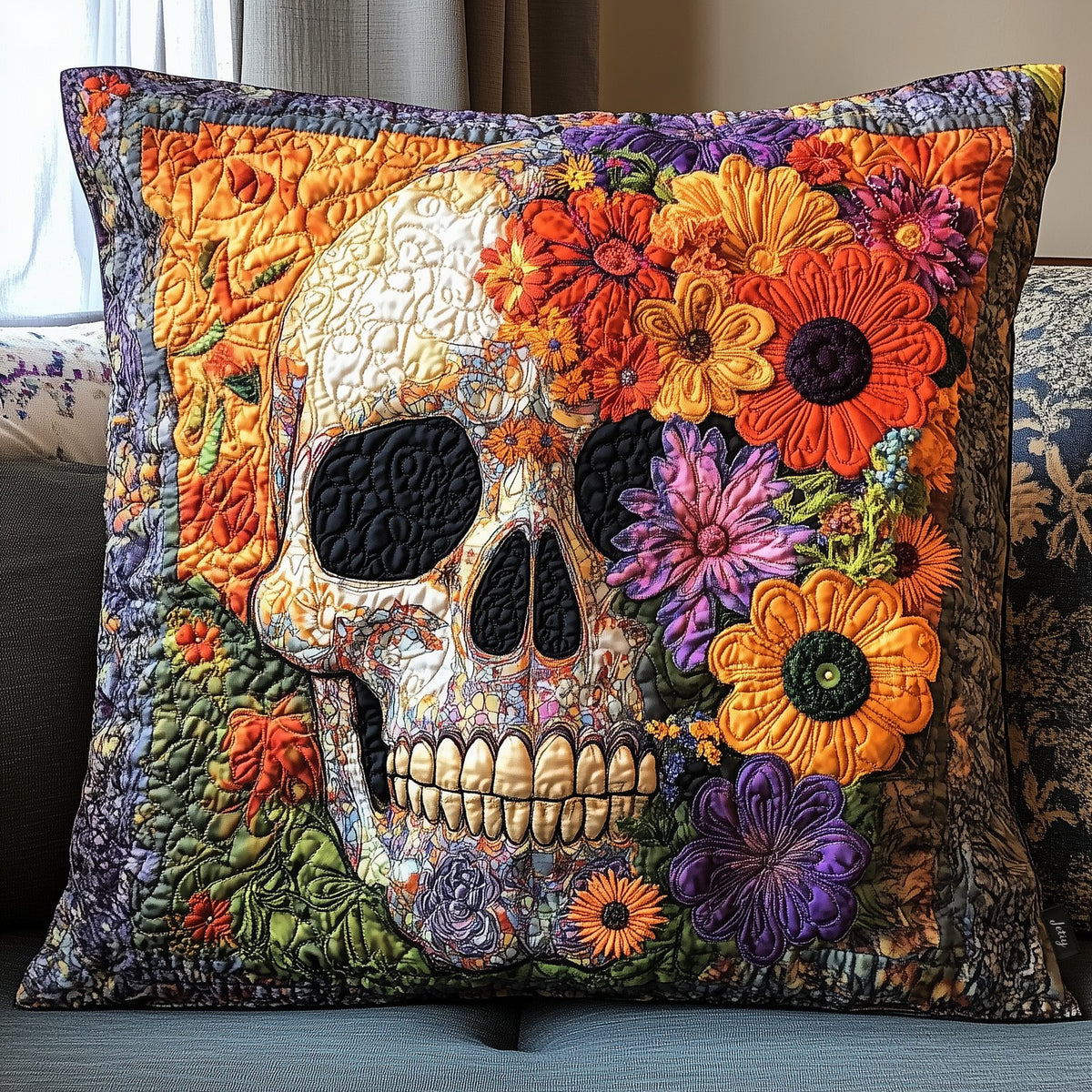 Skull Floral Quilted Cushion Cover printed cushion cover