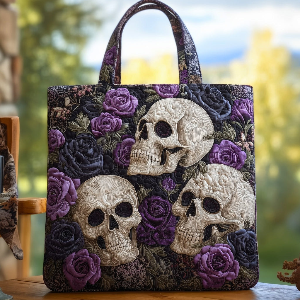 Skull In Bloom Quilted Tote Bag printed tote bag