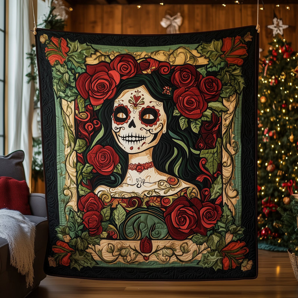 Skull Rose Quilted Blanket printed blanket