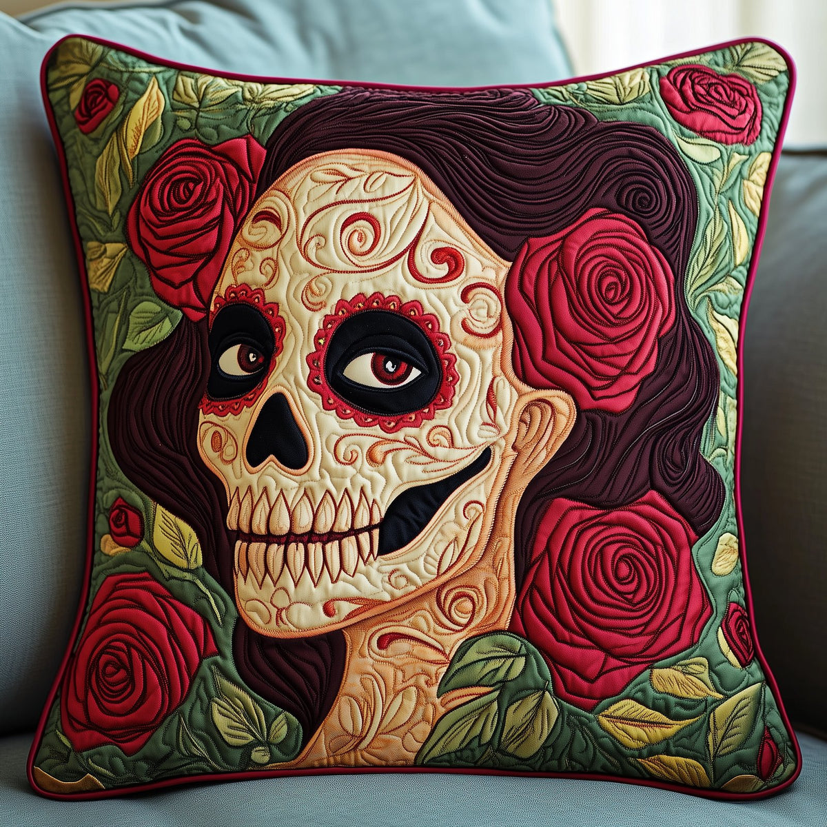 Skull Rose Quilted Cushion Cover printed cushion cover