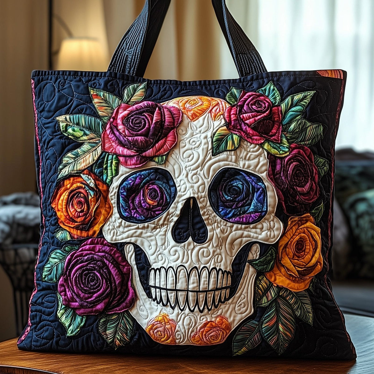 Skulls in Bloom Quilted Tote Bag printed tote bag