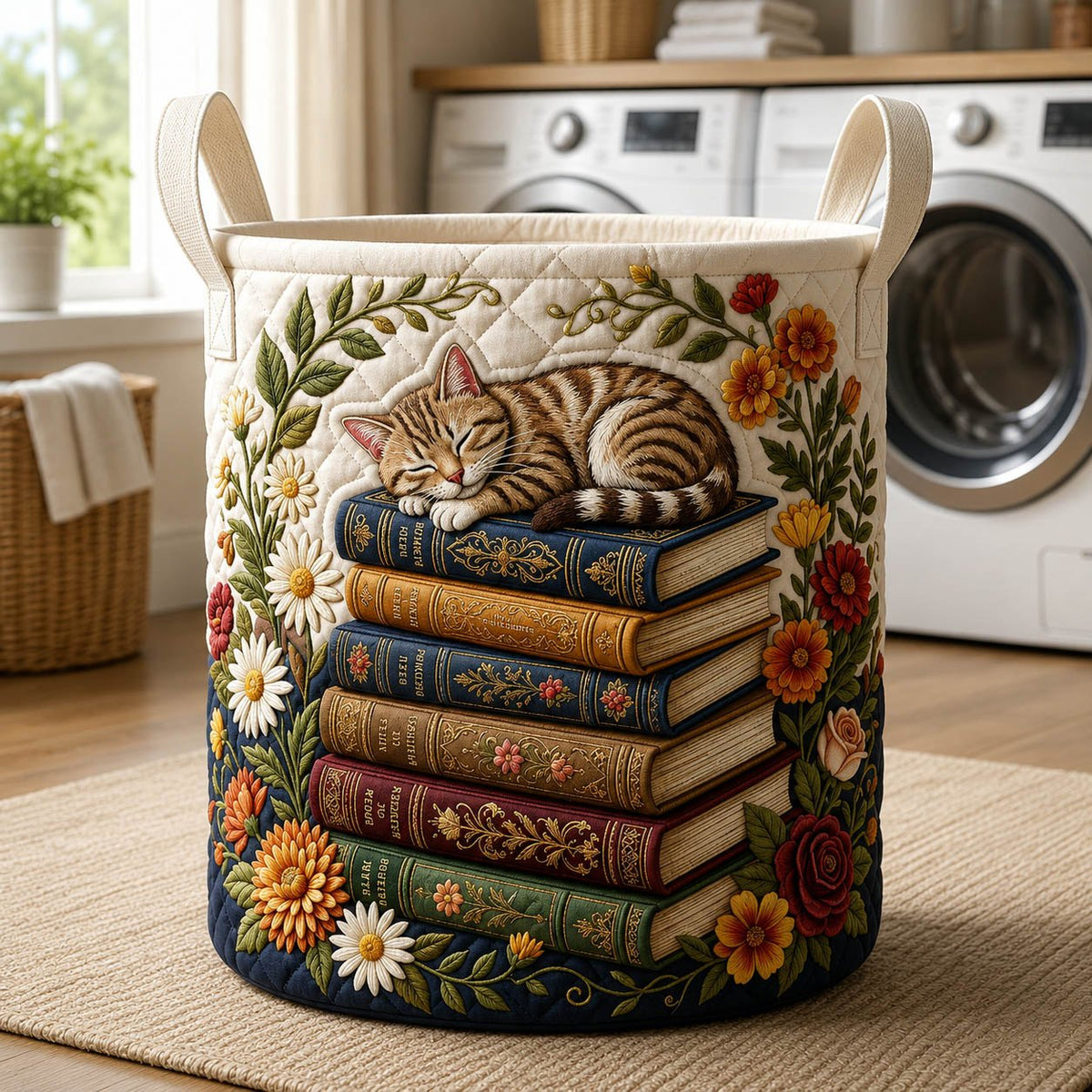 Sleeping Cat Book Quilted Laundry Hamper printed laundry hamper