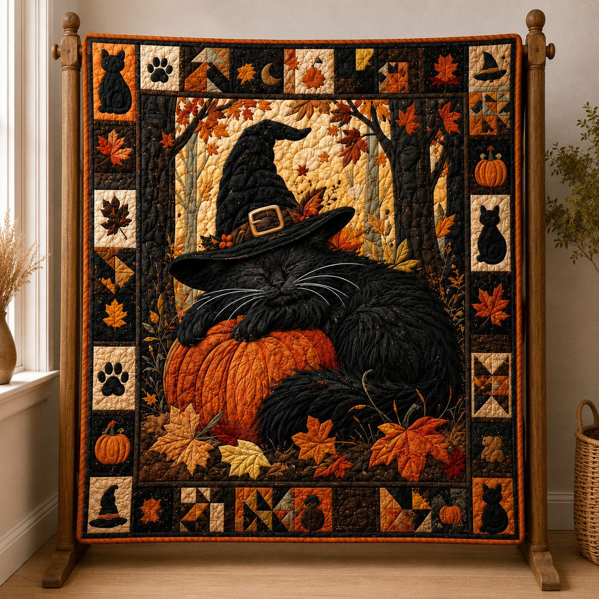 Sleeping Witch Cat Autumn Pumpkin Quilted Blanket printed blanket