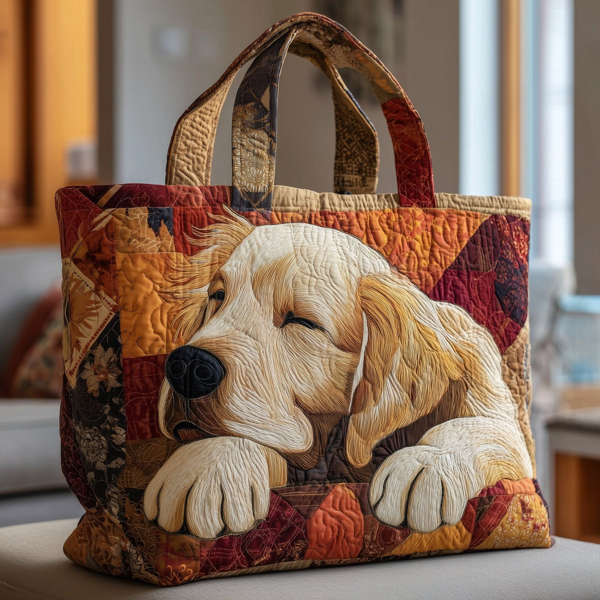 Sleepy Golden Retriever Quilted Tote Bag printed tote bag