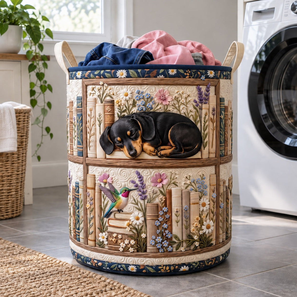 Sleepy Reading Dachshund Quilted Laundry Hamper printed laundry hamper