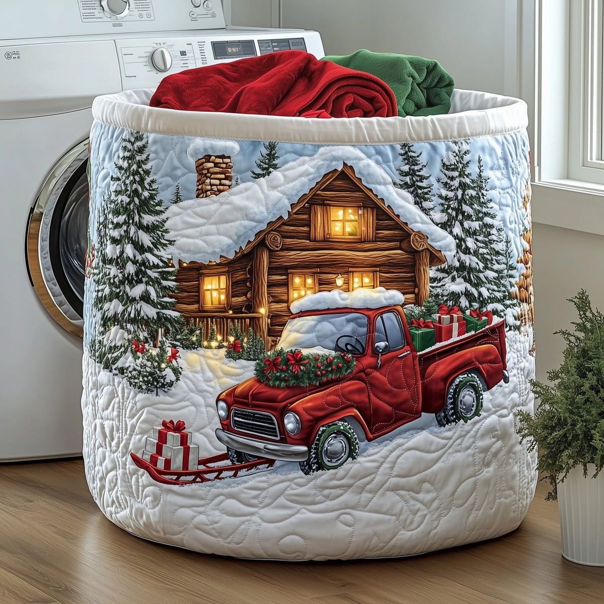 Snow Cabin Quilted Laundry Hamper printed laundry hamper