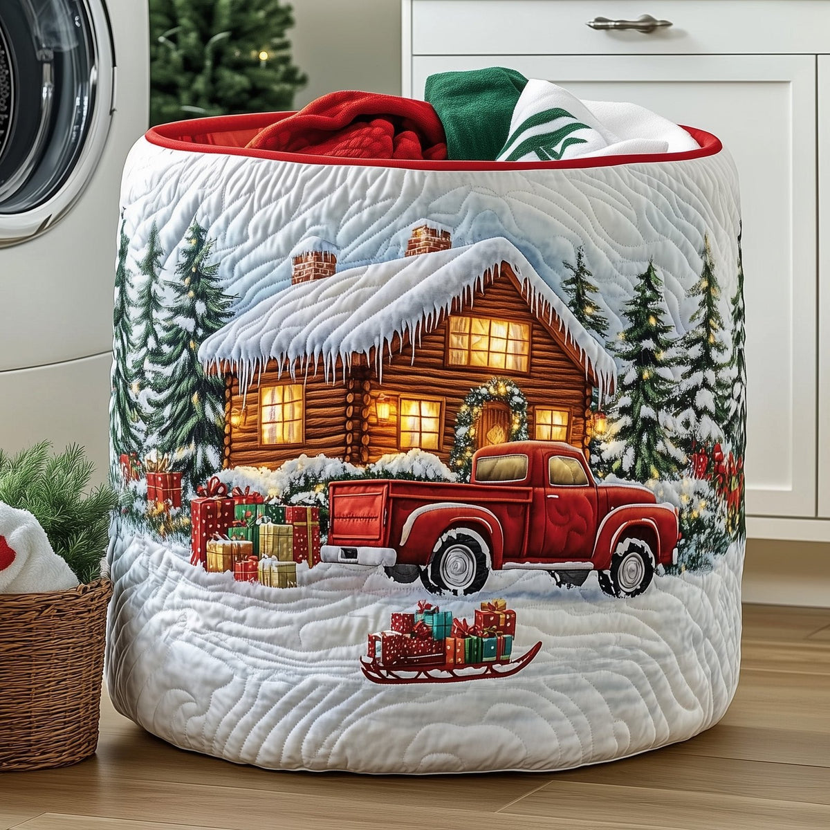 Snow Cabin Quilted Laundry Hamper printed laundry hamper