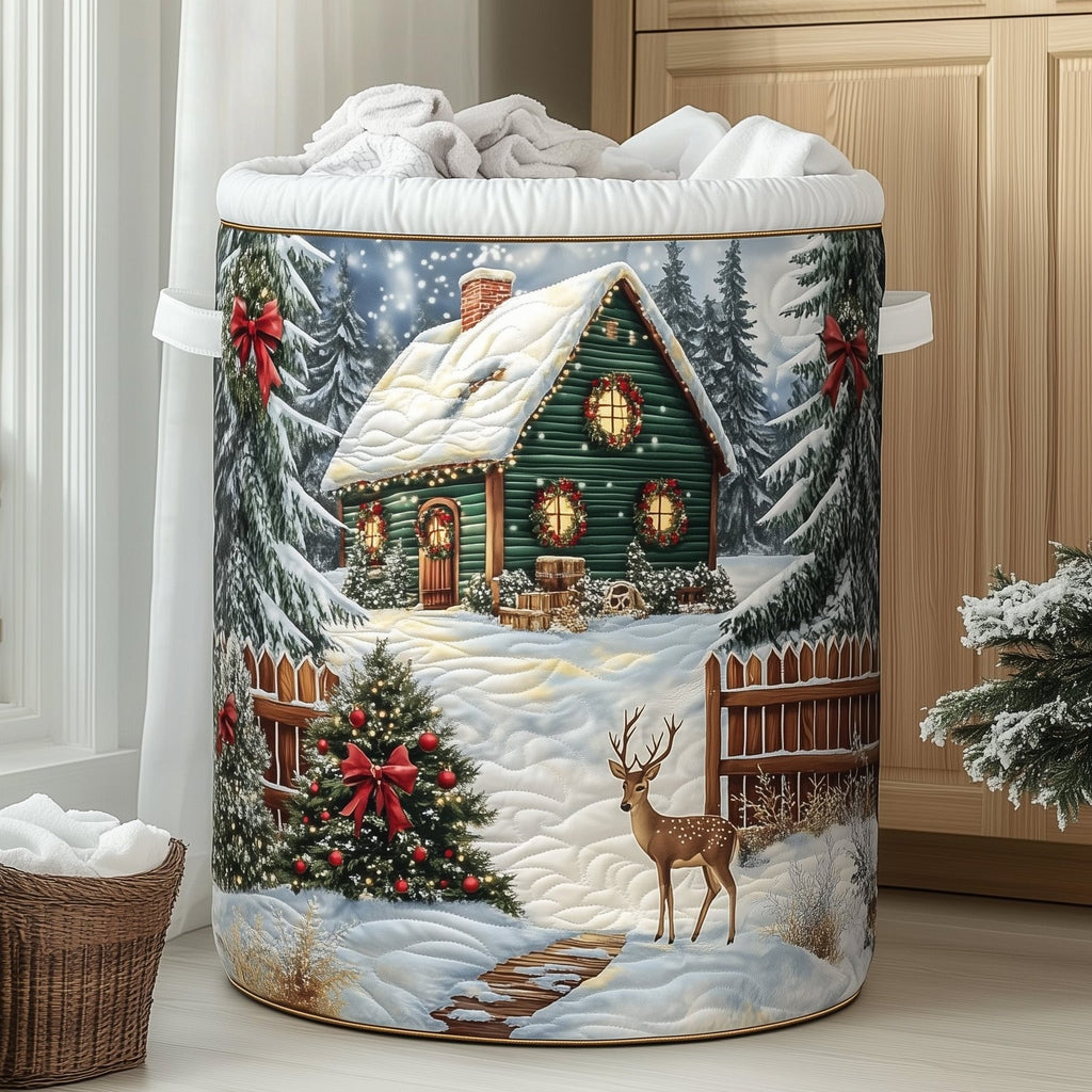 Snowy Cottage Quilted Laundry Hamper printed laundry hamper