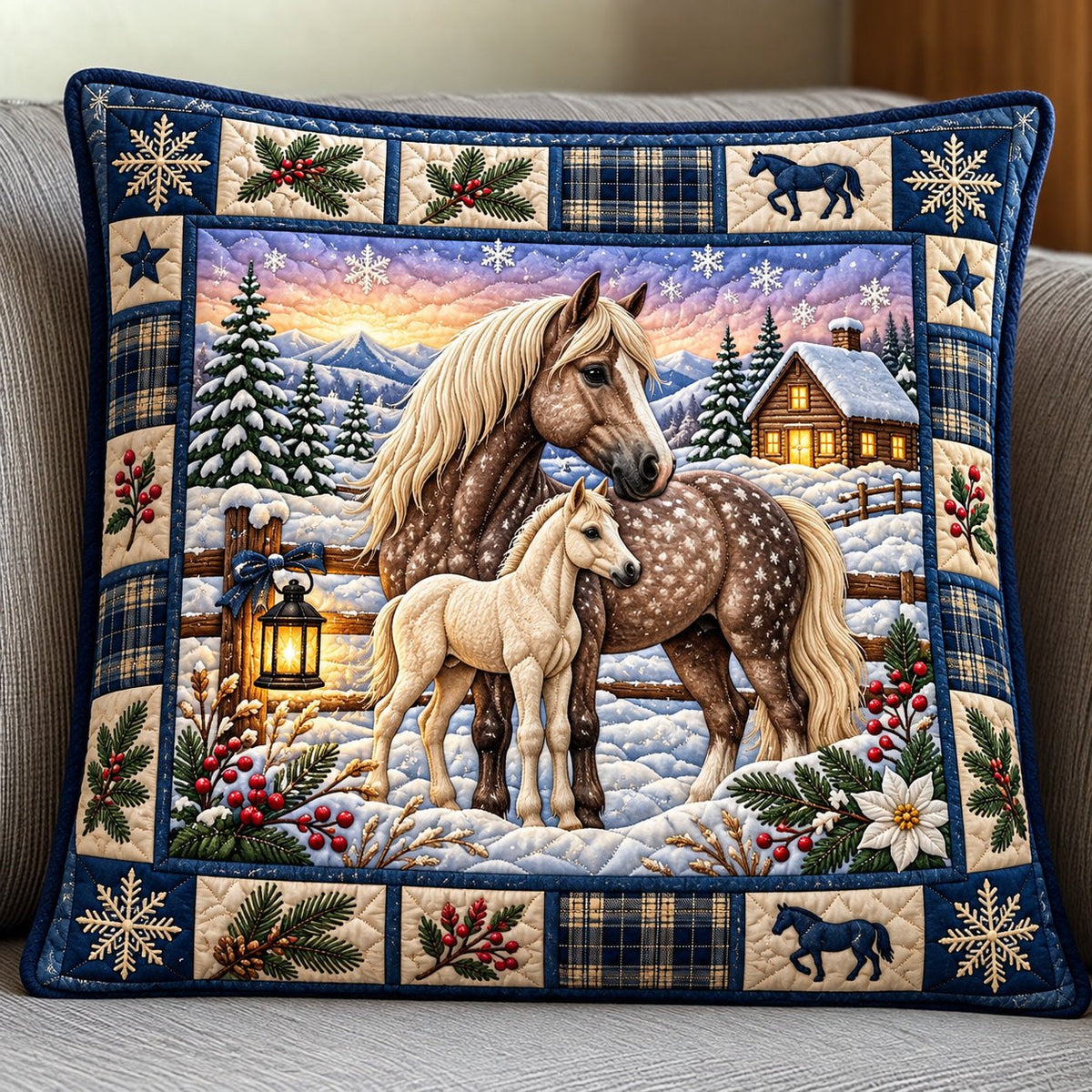 Snowy Horse Quilted Cushion Cover printed cushion cover
