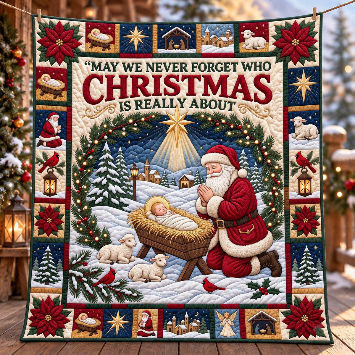 Snowy Kneeling Santa Quilted Blanket printed blanket