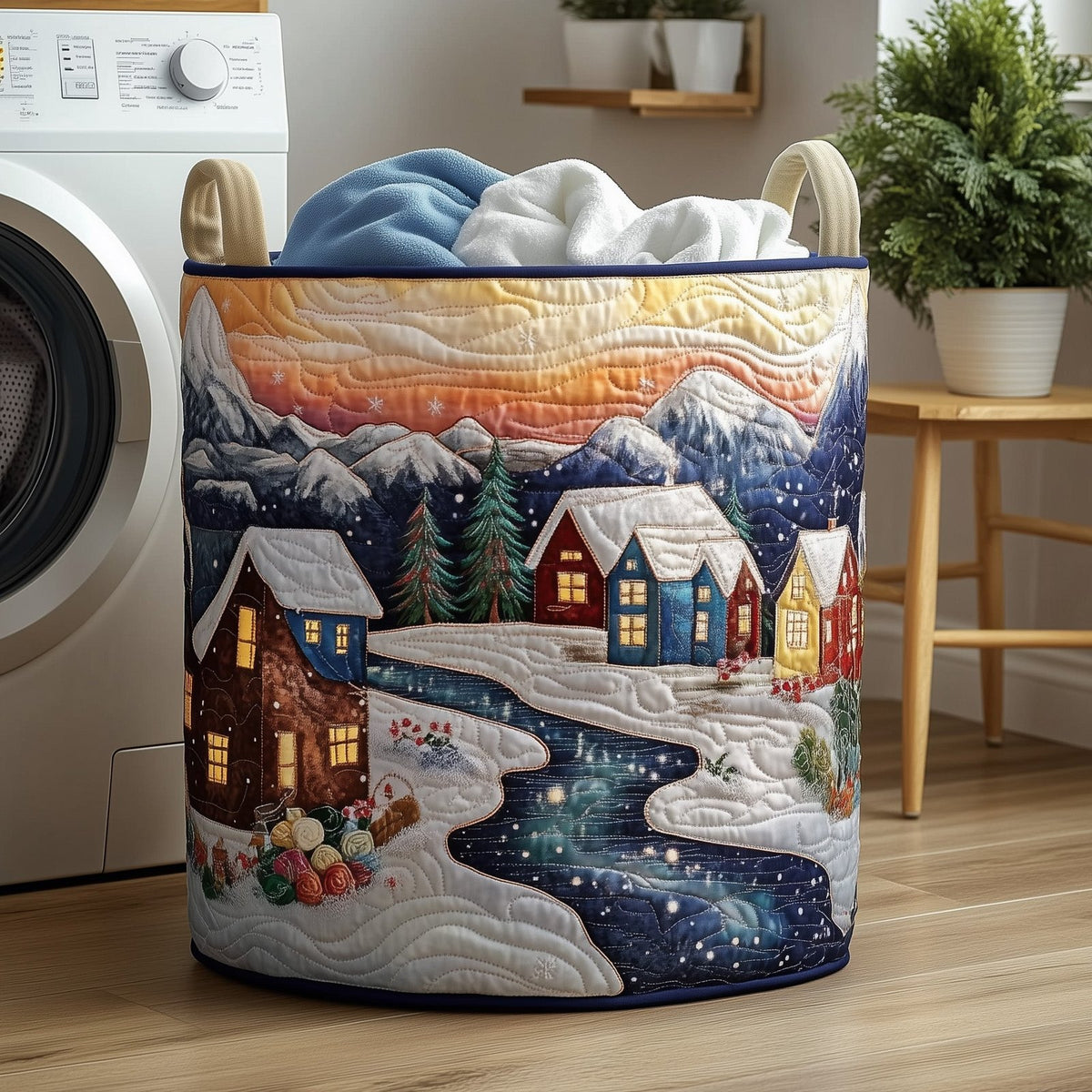 Snowy Village Quilted Laundry Hamper printed laundry hamper
