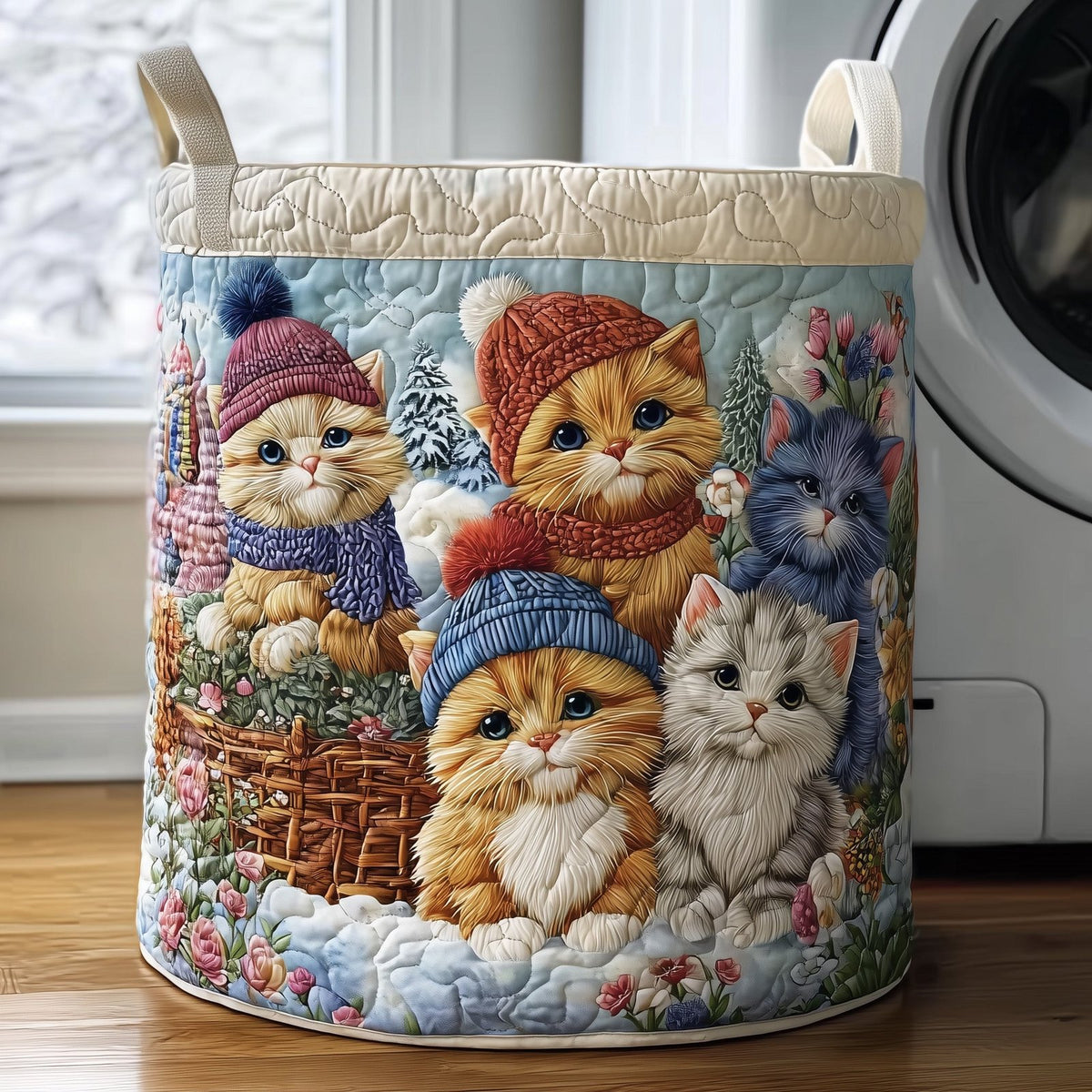 Snowy Whiskers Quilted Laundry Hamper printed laundry hamper