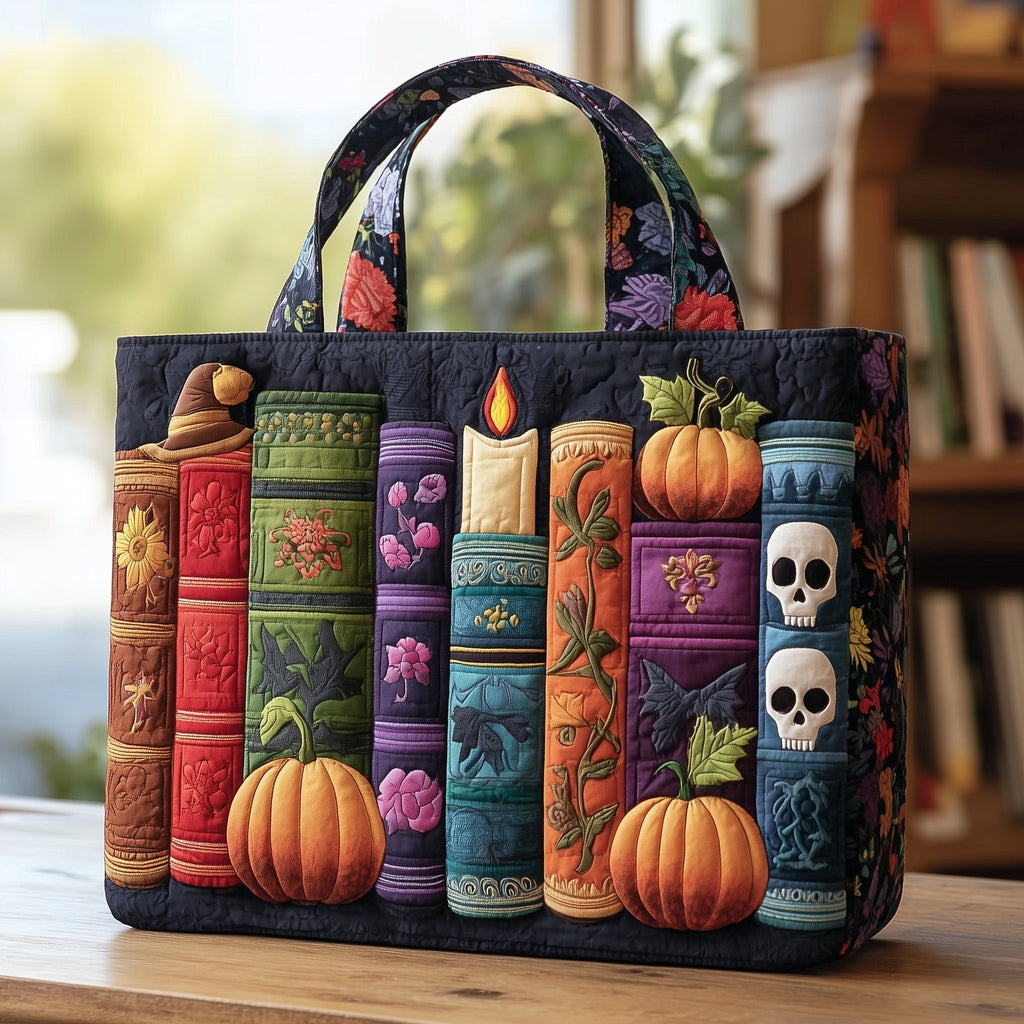 Spooky Books Quilted Tote Bag printed tote bag