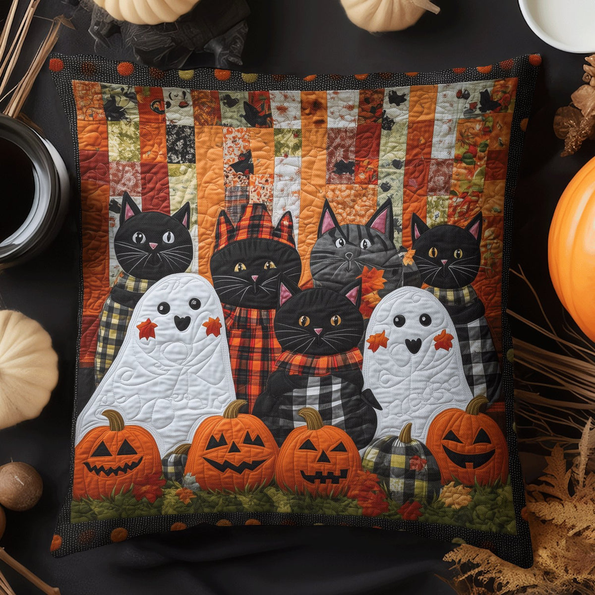 Spooky Feline Quilted Cushion Cover printed cushion cover