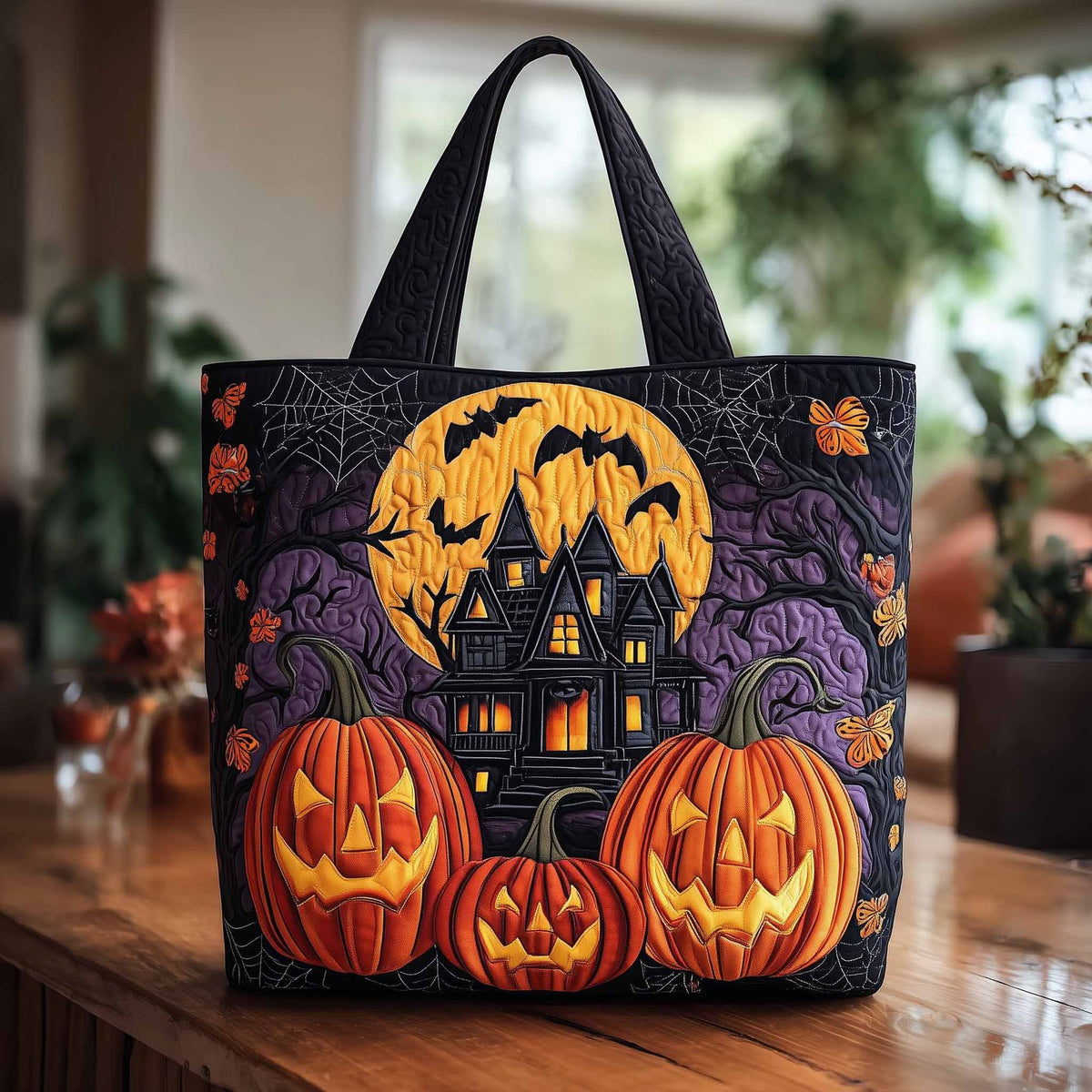 Spooky House Quilted Tote Bag printed tote bag