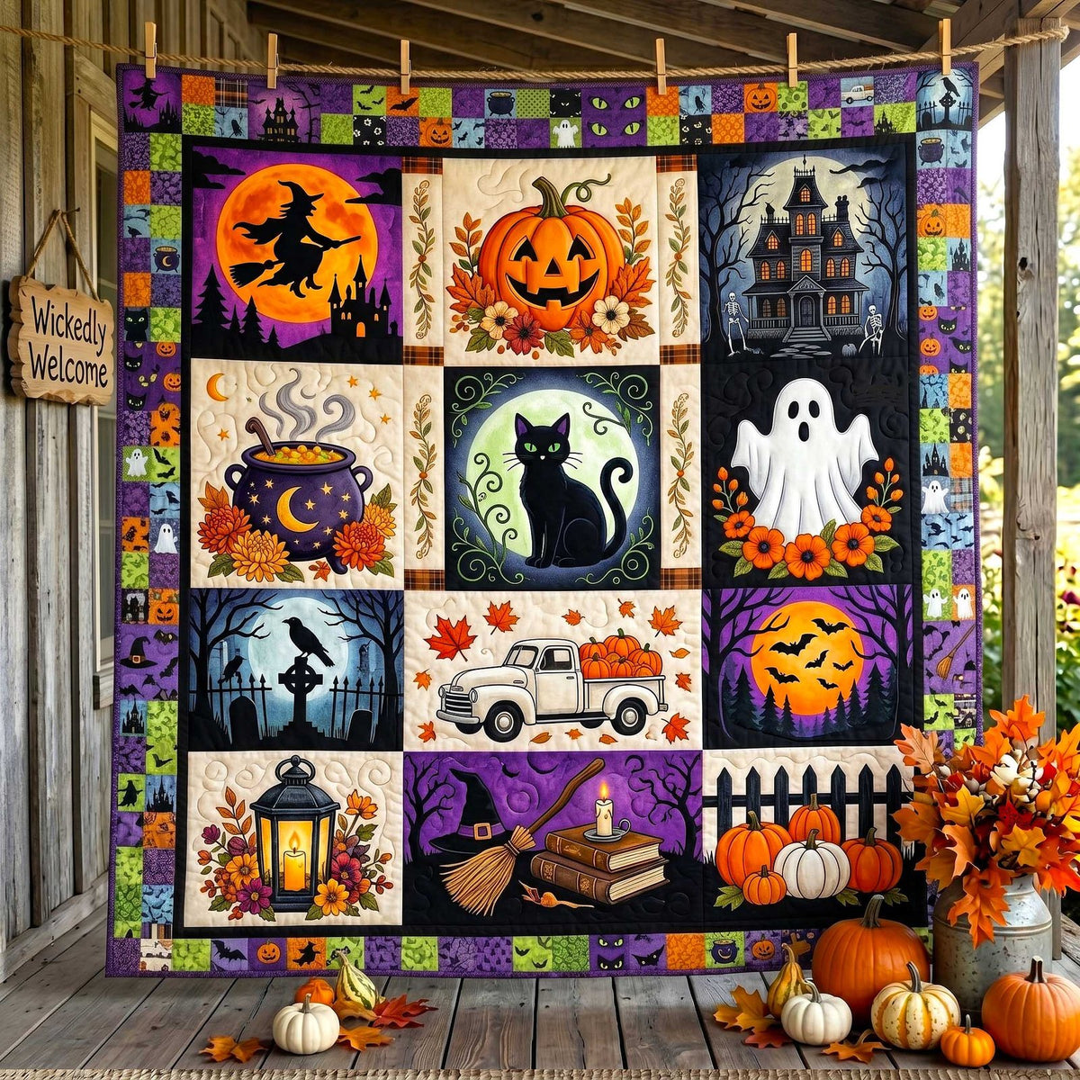 Spooky Season Patchwork Quilted Blanket printed blanket
