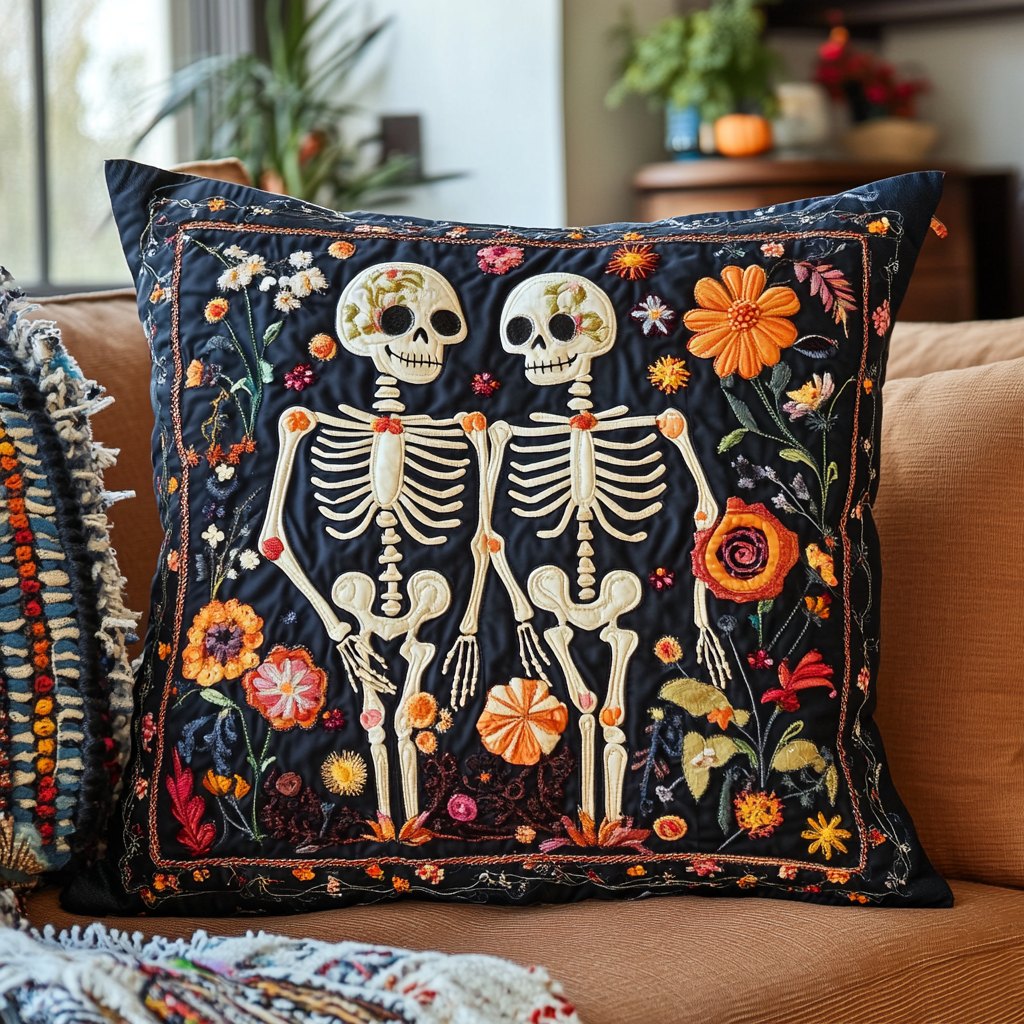 Spooky Skeleton Halloween Quilted Cushion Cover printed cushion cover