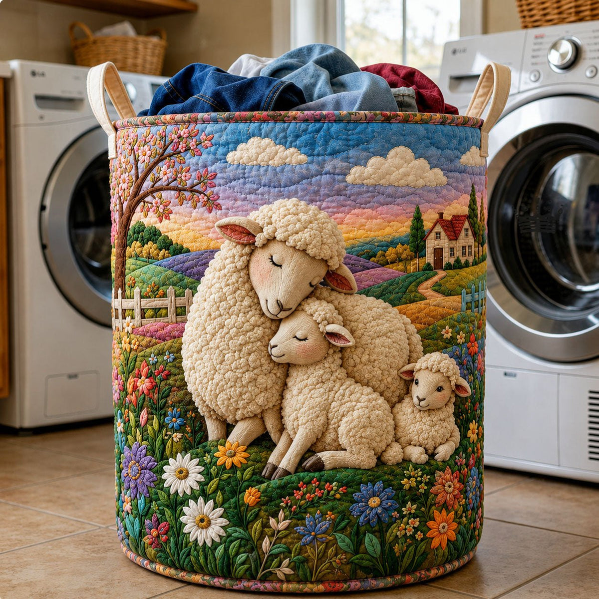 Spring Blossom Sheep Family Quilted Laundry Hamper printed laundry hamper